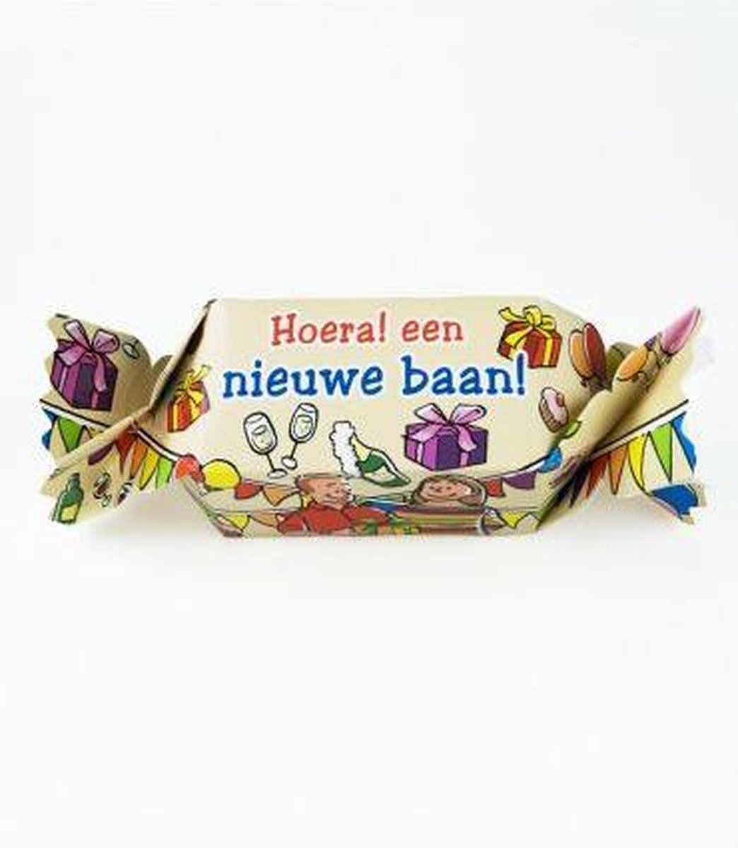 Snoeptoffee - Hoera een nieuwe baan - Gevuld met luxe verpakte toffees - In cadeauverpakking met gekleurd lint