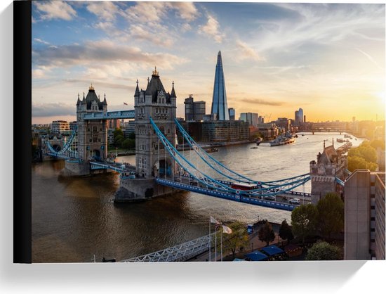 Canvas  - Zonnestralen bij Tower Bridge in Londen - 40x30cm Foto op Canvas Schilderij (Wanddecoratie op Canvas)