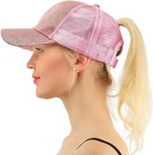 Glitter Dames paardenstaart pet roze - zomer cap - zonnehoed - baseballcap