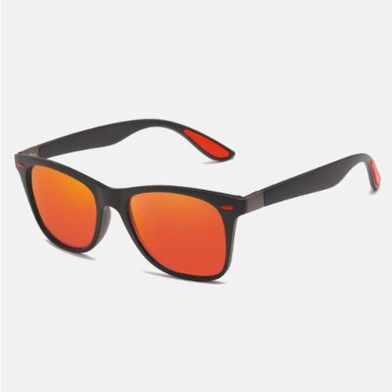 Jendi Trendy EK Oranje Zonnebril - Zwart - Rode Pootjes - Festival - Festivalbril - Evenement- Zon - Polarised - Gepolariseerd - Vintage - Oranje Glazen - Mannen en Vrouwen - Vierkant Frame -Festivalbril - Feestbril - Concertbril -