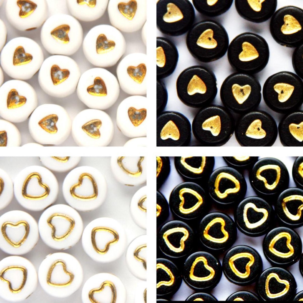 Symbolenkralen set – Hartjes – Unieke mix 200 stuks – Wit/Goud – Zwart/Goud – 7mm kraal – Past bij letterkralen set – Zelf sieraden maken – DIY
