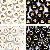 Symbolenkralen set – Hartjes – Unieke mix 200 stuks – Wit/Goud – Zwart/Goud – 7mm kraal – Past bij letterkralen set – Zelf sieraden maken voor kinderen en volwassenen – DIY
