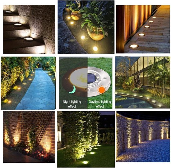 Collage van beelden die de grondspots tonen in verschillende tuinomgevingen, dag en nacht.