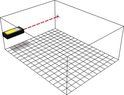 Illustratie van een gele en zwarte afstandsmeter die een laserlijn uitzendt naar de overkant van een kamer.