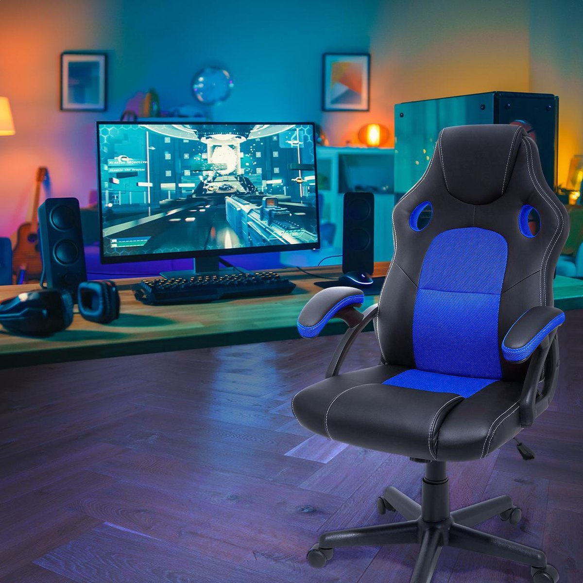 Afbeelding 3 van LifeGoods Gaming Stoel - Gamestoel - Verstelbaar - Gaming Chair - Kunstleer - Blauw/Zwart