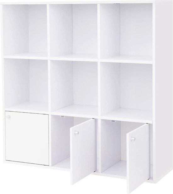 boekenkast, opbergrek, voor thuis of op kantoor, tentoonstellingsplank, vrijstaande DVD-plank, boekenkast met 3 deuren, wit LBC33WT