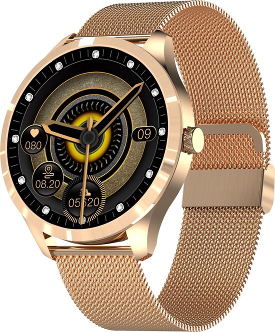 Belesy® Q9 Pro 2022 - Smartwatch Dames - Smartwatch Heren - Horloge - 1.28 inch - Kleurenscherm - Stappenteller - Bloeddruk - Hartslag - 75+ Wijzerplaten - Sporten - Staal - Goud