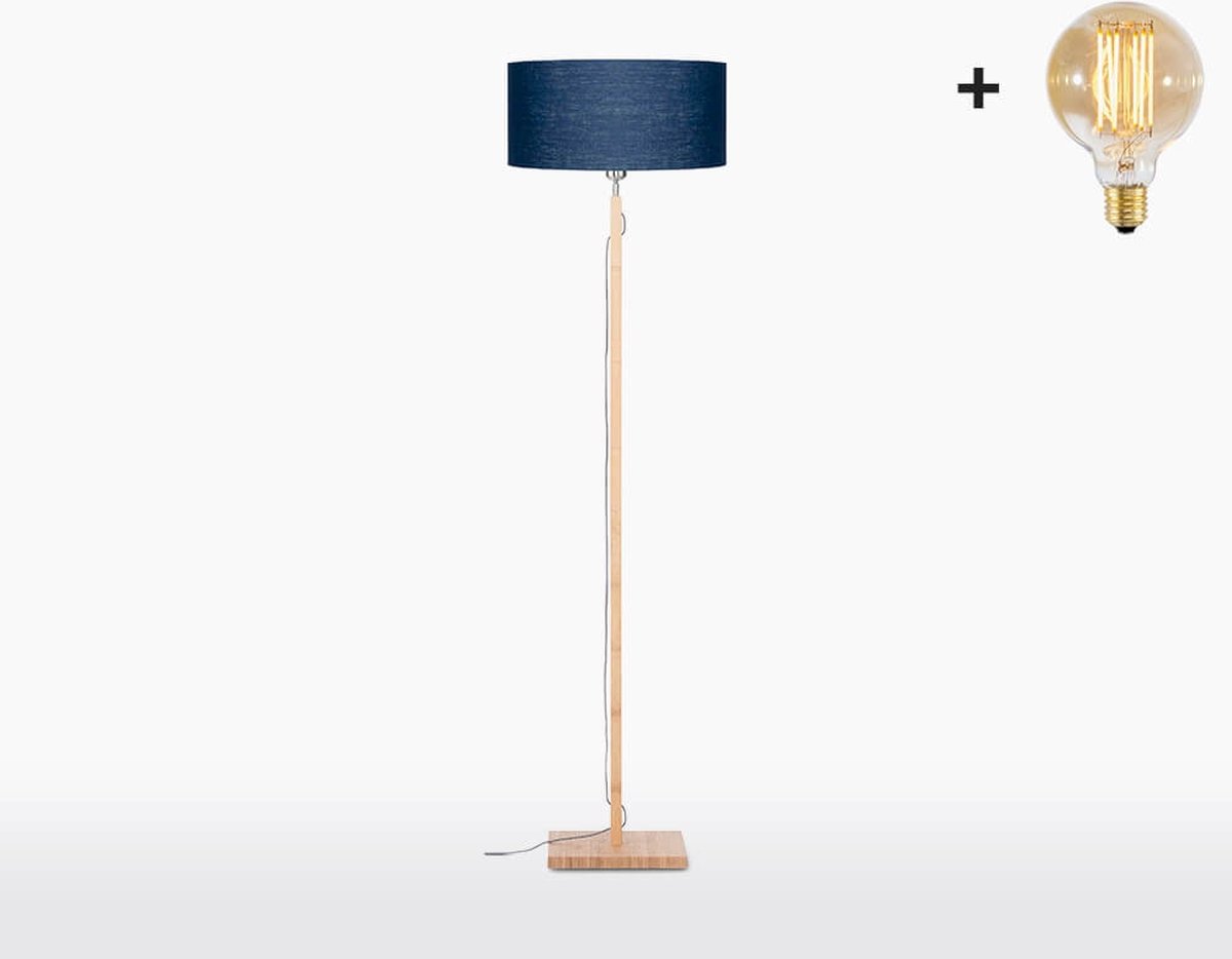 Vloerlamp – FUJI – Bamboe Voetstuk (h. 167cm) - Blauw Linnen Kap - Met LED-lamp