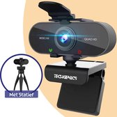 Techgenics 2K Webcam - Met Microfoon en USB - Webcam voor PC - Incl. Webcam Cover en Statief - Glans