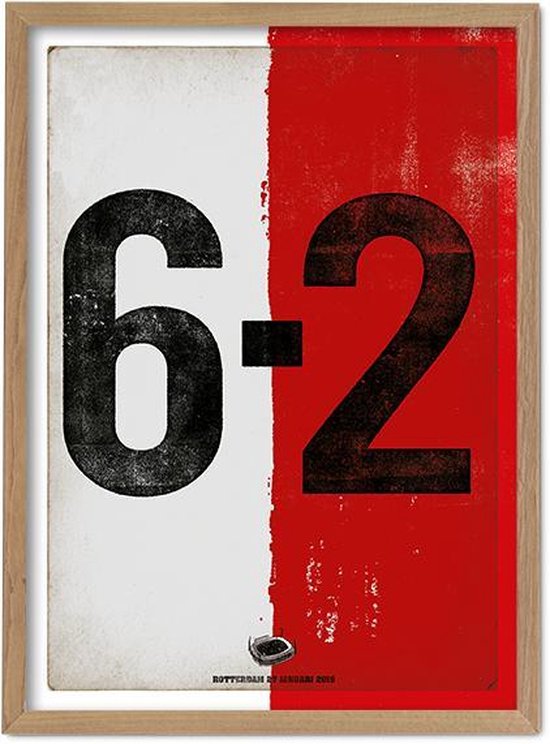 Een poster met de tekst "6-2" in grote zwarte cijfers, verdeeld over een witte en rode baan. De tekst "ROTTERDAM 27 JANUARI 2019" staat onderaan.