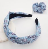 Set Dames Haarband Paisley + XL Scrunchie- Kleur Blauw,100% katoen-  Haarbanden gebloemd vrouwen meisjes- Hoofdband Breed Blauw scrunchie elastiek
