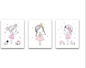 Set de peinture sur toile 3 fille princesse pissenlit papillon coeur rose - chambre d'enfant - peinture Animaux - Chambre de bébé / peinture Kinder - cadeau de babyshower - décoration Décoration murale - 30x20cm - FramedCity