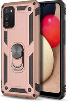 Samsung Galaxy A02S Stevige Magnetische Anti shock ring back cover case- schokbestendig-TPU met stand – Rosé goud + Gratis screenprotector