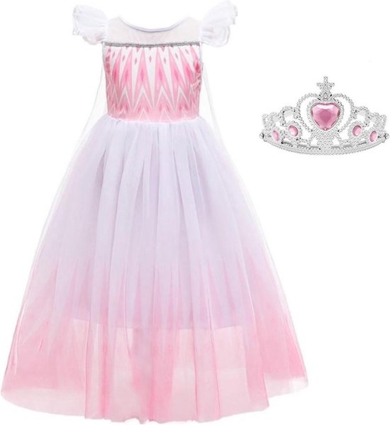 Elsa jurk roze wit Luxe met sleep + kroon maat 128-134 (140) Prinsessen jurk verkleed jurk verkleedkleding