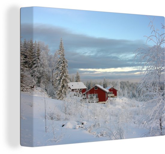 Canvas Schilderij Een cottage in de sneeuw in Zweden - 120x90 cm - Wanddecoratie