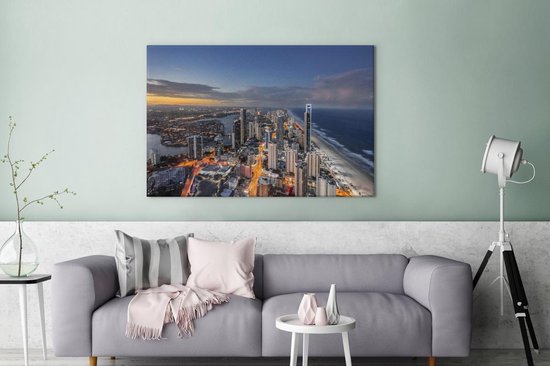 Canvas schilderij 140x90 cm - Wanddecoratie Schemering valt over de kust van Brisbane in Australië - Muurdecoratie woonkamer - Slaapkamer decoratie - Kamer accessoires - Schilderijen