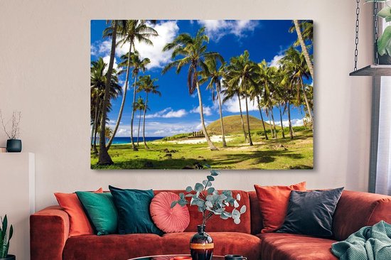 Peintures sur toile - Palmiers sur la plage d'Anakena sur l'île de Pâques - 150x100 cm - Décoration murale
