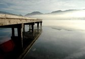 Tuinposter - Zee / Water - Pier in beige / blauw  - 160 x 240 cm