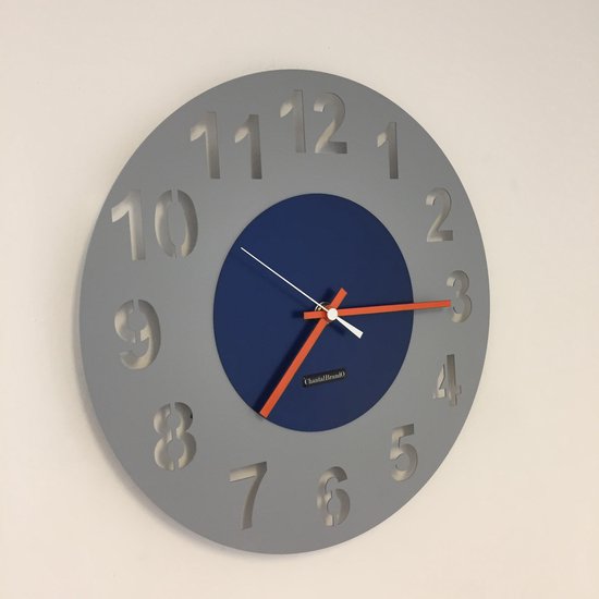 HORLOGE MURALE AMSTERDAM GREY & BLUE CIRCLE -- POINTEURS ORANGE -- DESIGN HOLLANDAIS MODERNE