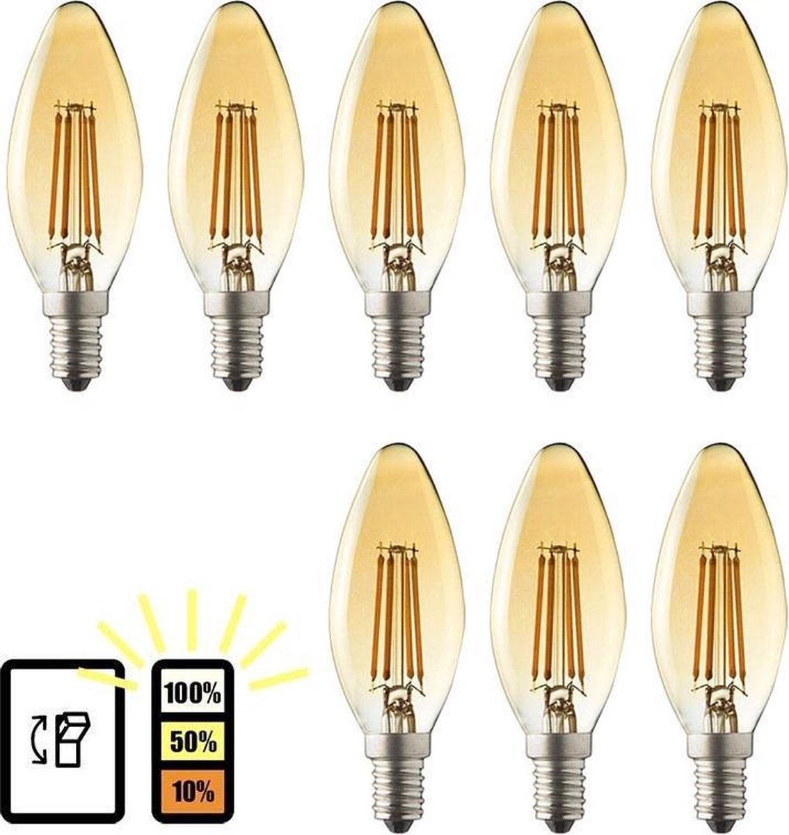 E14 LED lamp - 8-pack - 3 staps dimbaar E14 kaarslamp - Filament - 4W -  2500K warm wit | bol.com