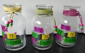 Vaas - Decopot  - Windlicht ''The life is very beautiful'' - Multicolor - Glas - 8,5 x 16 cm - Set van 2