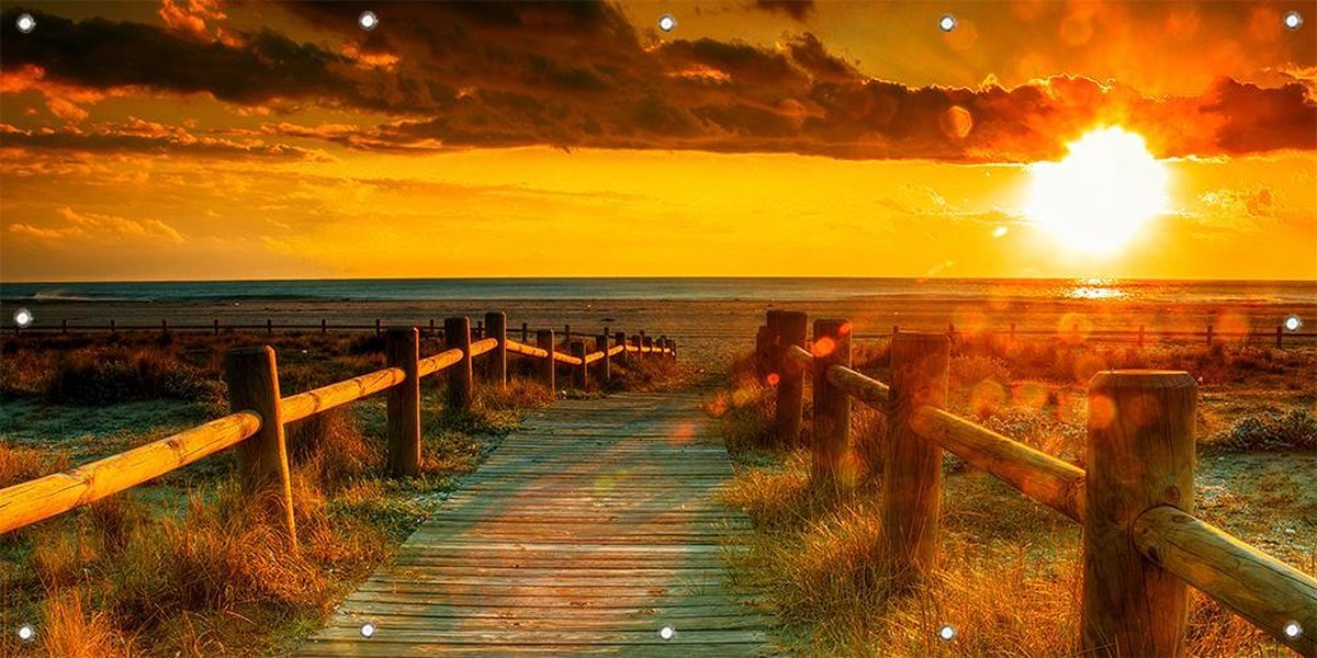 Tuinposter Zonsondergang Zeezicht 100 x 50 cm incl. Metalen ringen  (Buitenposter - Tuindoek - Buitencanvas - Schilderijen voor buiten - tuin decoratie)