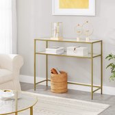 Console tafel, bijzettafel met 2 planken, gehard glas, opbergrek, metalen frame, verstelbare poten, voor woonkamer, gang, gouden