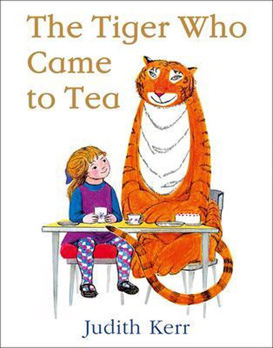 Livre 'The Tiger Who Came to Tea' avec une fille et un tigre à table. Judith Kerr.