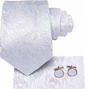 Stropdas set- 100% zijde-wit- Blad motief-stropdas-manchetknopen-pochet - Charme Bijoux