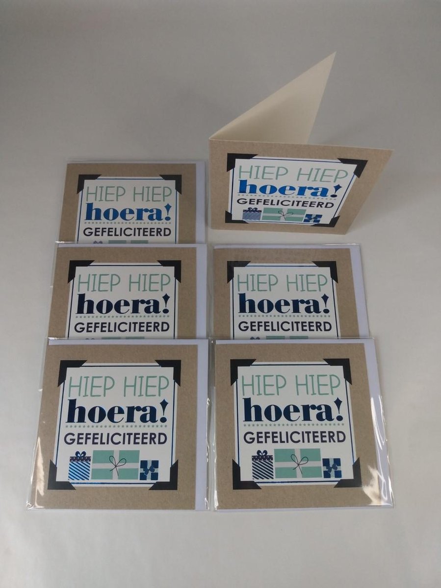 Luxe wenskaarten - 6 stuks - Hoera -  Gefeliciteerd - 10,8 x 10,8 cm - inclusief enveloppen