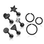 Voordeelset 8 pack assortiment studs en ringetjes zwart