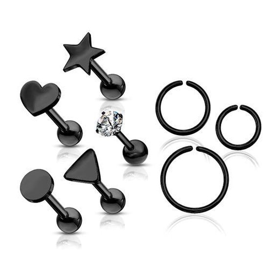 Voordeelset 8 pack assortiment studs en ringetjes zwart