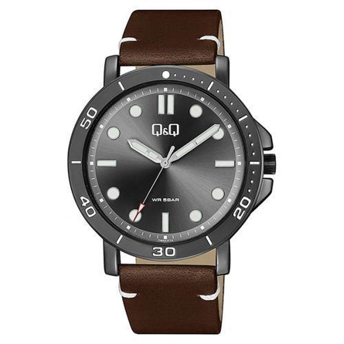 QQ heren horloge-antracietkleurige kast-bruinlederen band QB86J512