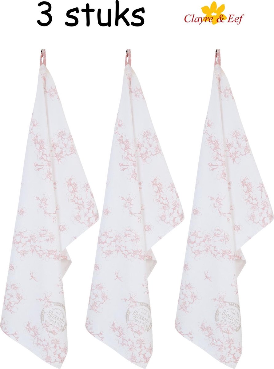 Katoenen Keukendoek - Theedoek - Blossom Flowers - Oudroze - 50 x 85 cm - 3 Stuks