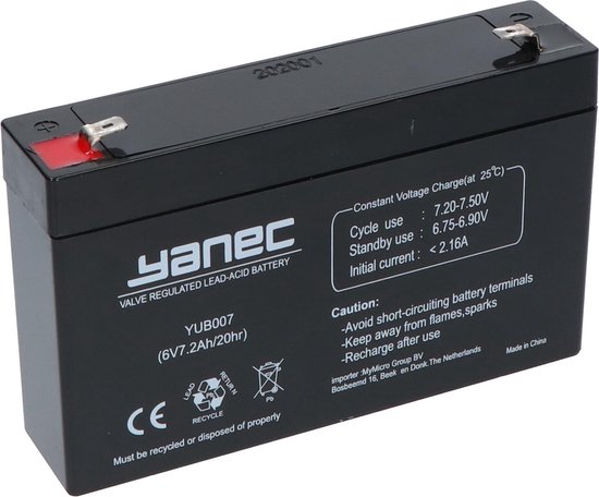 Loodaccu 6V 7.2Ah SLA batterij Yanec voor UPS, scooter, alarm, elektrische step, motor, tillift