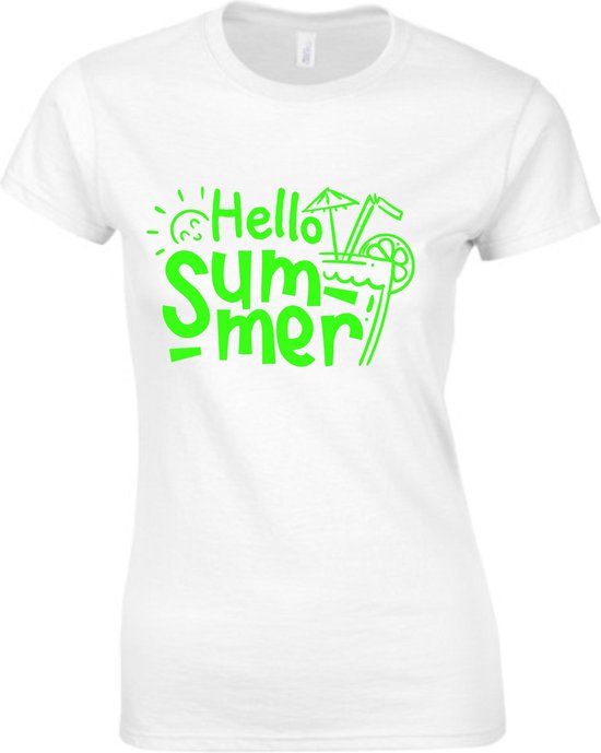 HELLO SUMMER Dames TSHIRT - Neon tekst Groen - Zomer t-shirt- SMALL