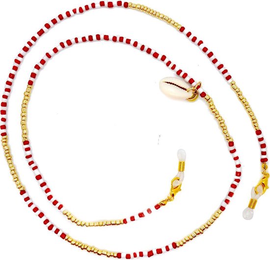 Cordon de lunettes de soleil avec coquillage et perles dorées, rouges et blanches