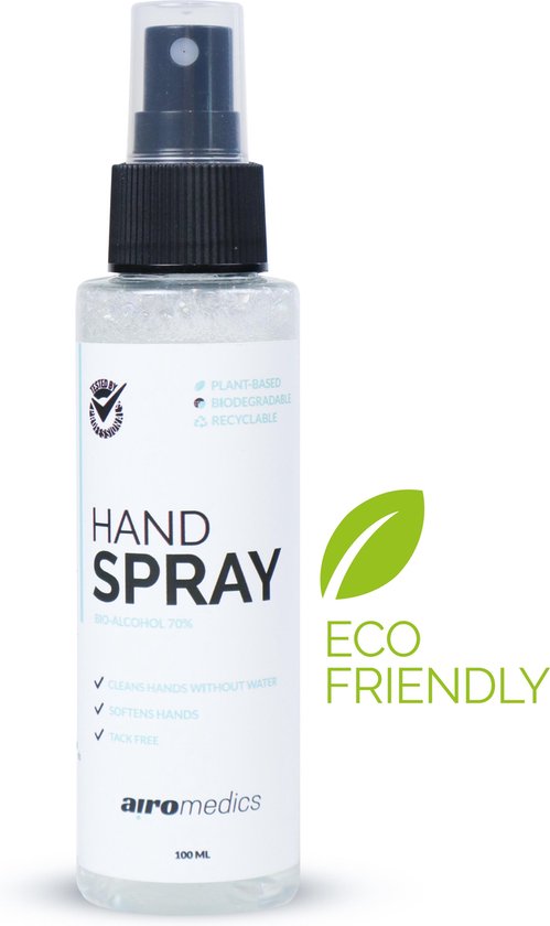 Foto: Airomedics handspray 100 ml handalcohol formule met bio ethanol vrij van microplastics