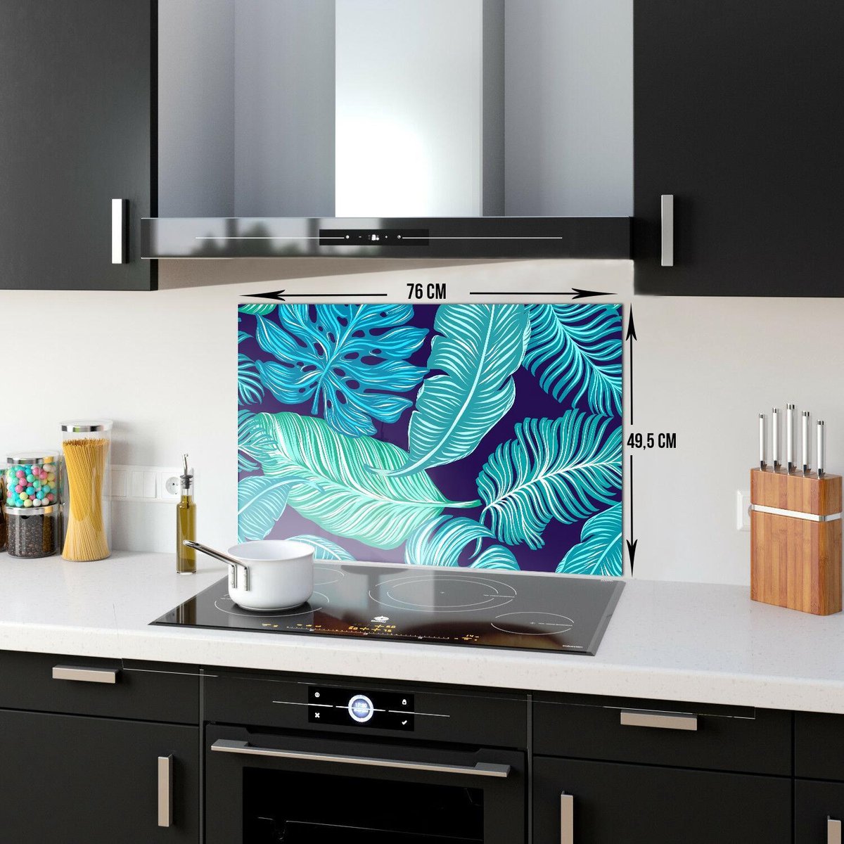 Blauwe Tropische Bladeren Tempered Glas Spatbescherming Voor Achter de Kookplaat 49,5cm x 76cm