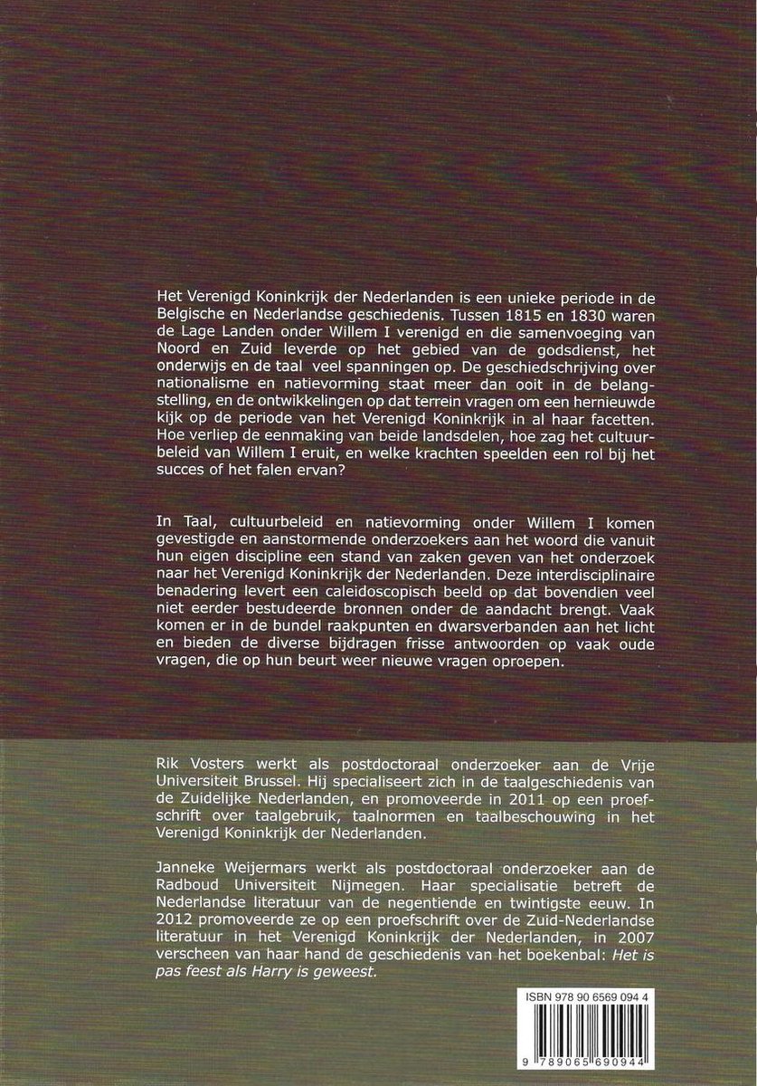 Verhandelingen van de KVAB voor Wetenschappen en Kunsten. Nieuwe reeks- Taal, cultuurbeleid en natievorming onder Willem I - back cover