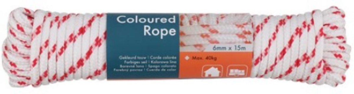 Gekleurd Nylon Touw | Coloured Rope | Wit-Rood Touw | 6mm | 15 meter | Gevlochten