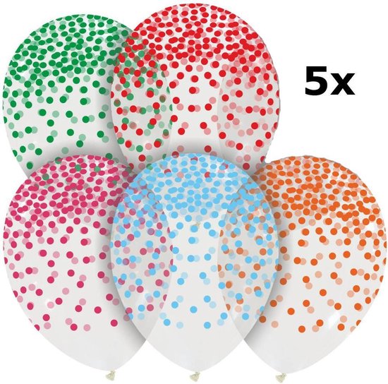 Ballonnen met confetti (stippen) opdruk, assorti kleuren, 5 stuks, 30cm