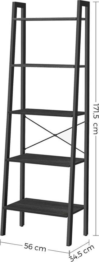 MIRA Home - Boekenkast met 5 planken - Boekenrek - Industrieel - Hout - Metaal - Zwart - 34x56x172
