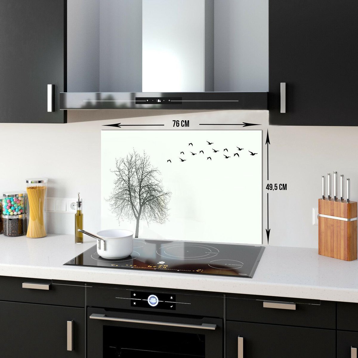 Boom en Vogels Tempered Glas Spatbescherming Voor Achter de Kookplaat 49,5cm x 76cm