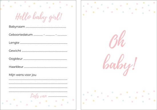 Babyshower invulkaarten 20 stuks | babyshower | babyshower voorspellingskaarten | babyshower kaarten | babyshower spelletjes | babyshower meisje | roze