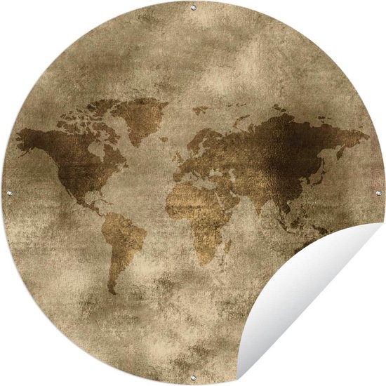Tuincirkel Wereldkaart - Goud - Bruin - 60x60 cm - Ronde Tuinposter - Buiten