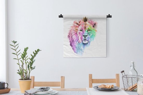 Wandkleed - Wanddoek - Leeuwen - Illustratie - Kleuren - 60x60 cm - Wandtapijt