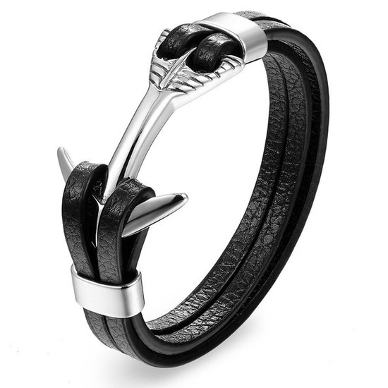 Victorious Leren Armband Heren – RVS Roestvrij Staal – Zilver Anker – Zwart/Zilver – 22cm