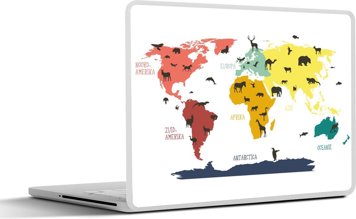 Laptop sticker - 12.3 inch - Wereldkaart kinderen - Dieren - Kleuren - 30x22cm - Laptopstickers - Laptop skin - Cover