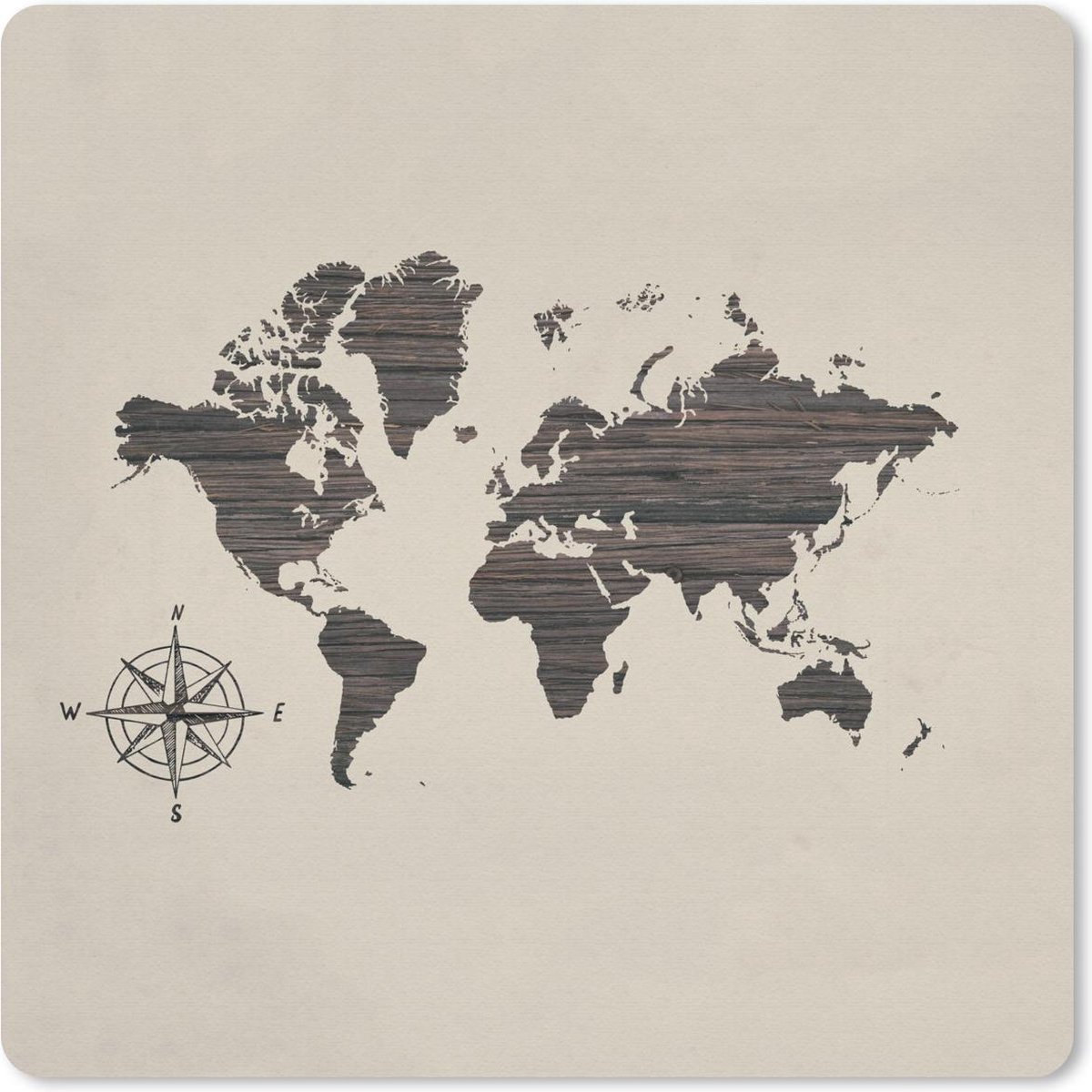 Muismat 30x30 cm - Mousepad Wereldkaart - Hout - Kompas - Muismatten
